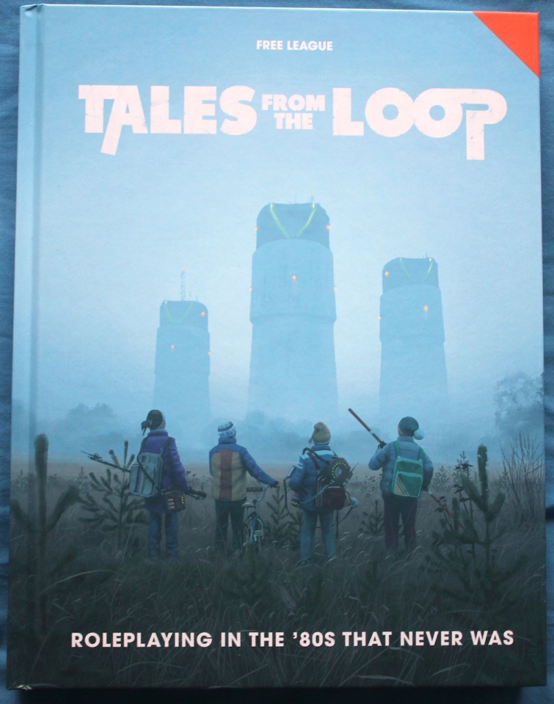 The cover of the Tales from the Loop RPG, showing four children looking up at three ominous cooling towers