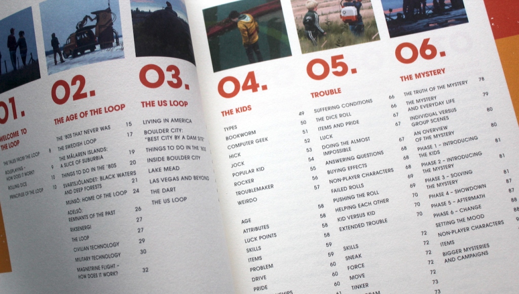 The contents page from the Tales from the Loop core rulebook