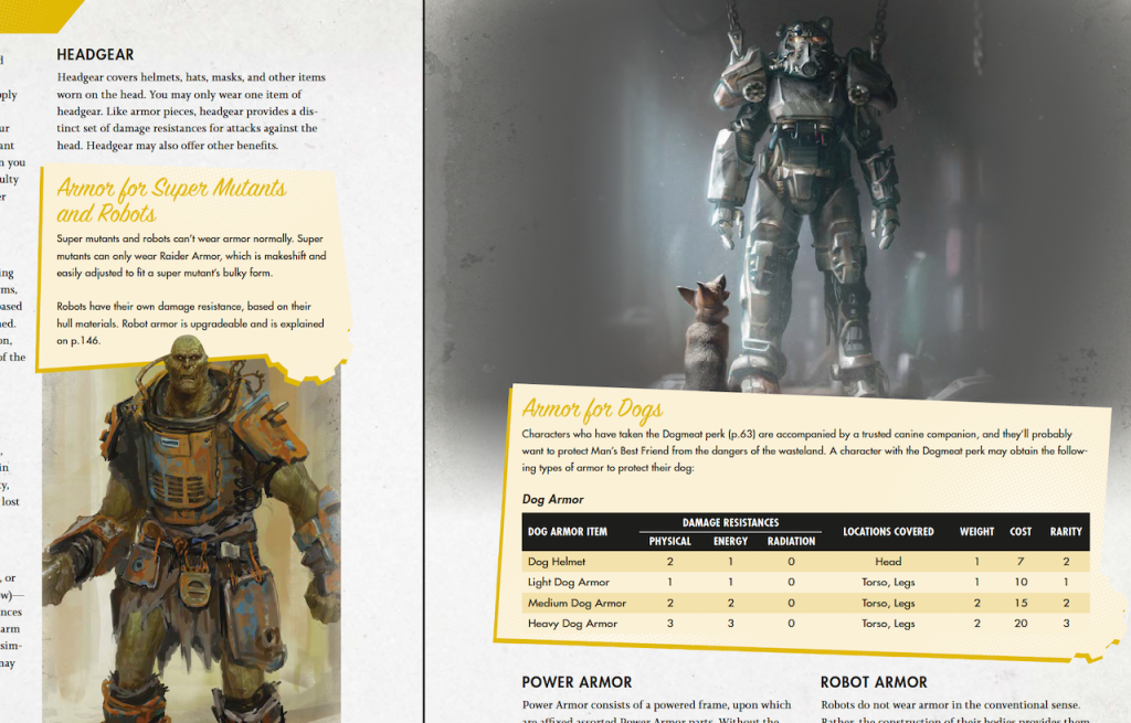 A sample of the art from the interior of the book illustrating the armour section. it shows an armoured Super Mutant on one page and a set of power armour on the other.