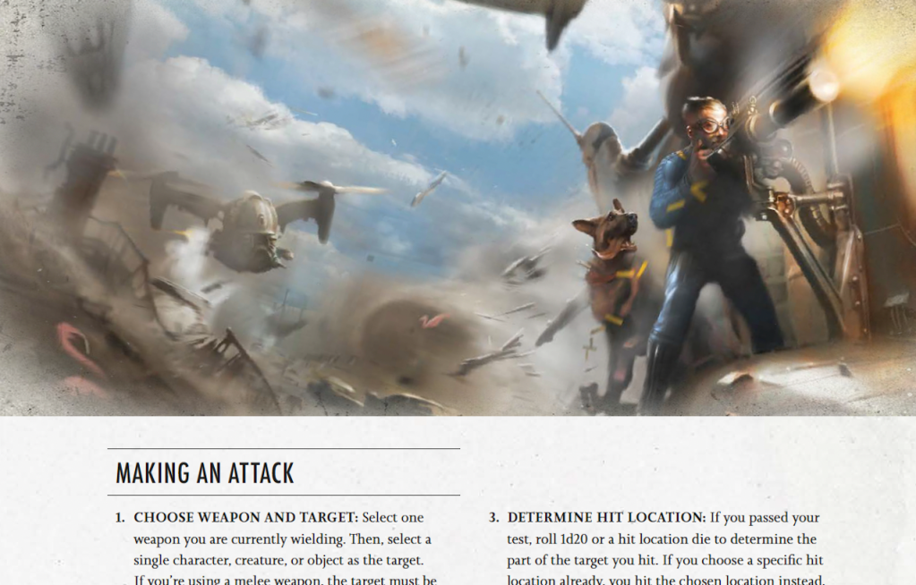 A section o the combat section of the rules. The illustration at the top shows a person in a vault-tec jumpsuit using an emplaced machine gun and accompanied by a dog. Below this is part of the rules text for making an attack.