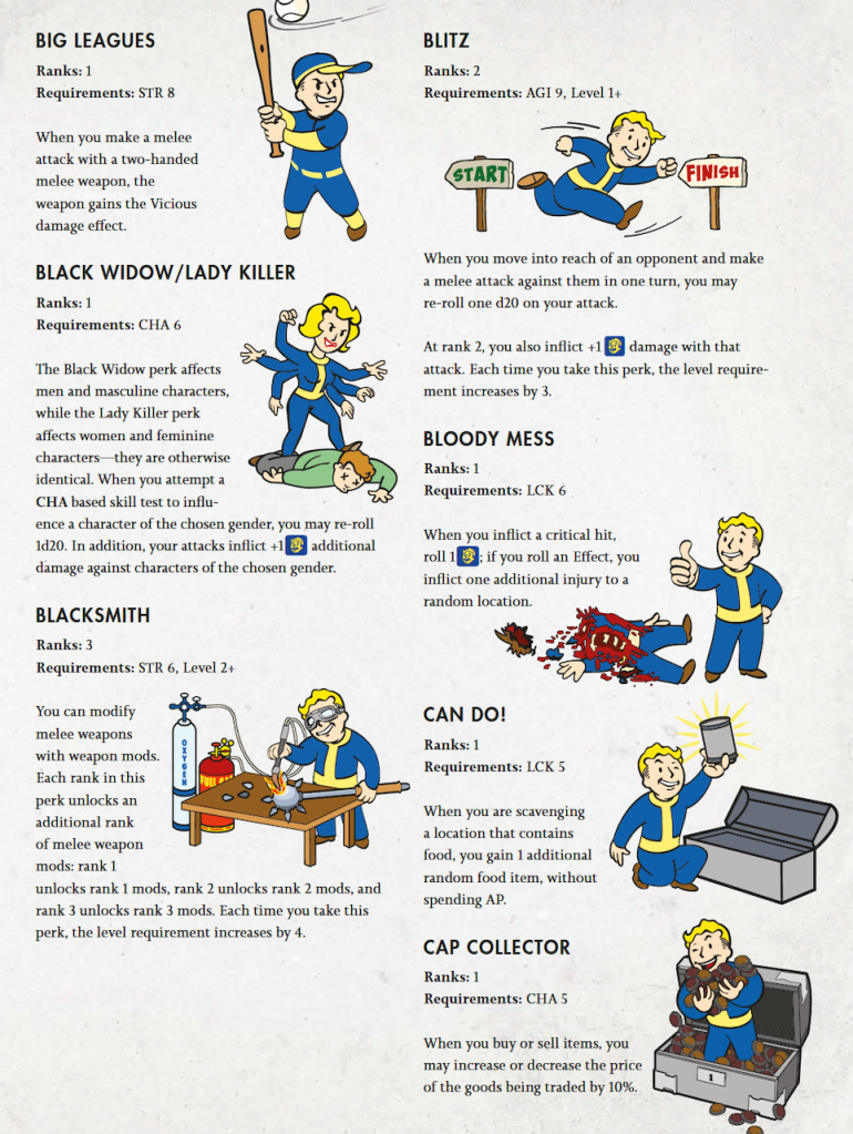Some of the perks available in character creation, each with a Vault Boy or Vault Girl mascot illustration.