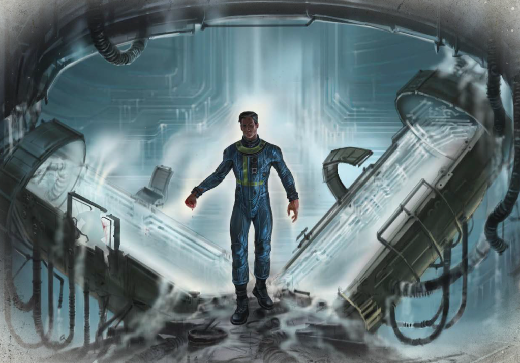 A masculine figure in a Vault-tec jumpsuit walking through a ruined high tech looking interior.