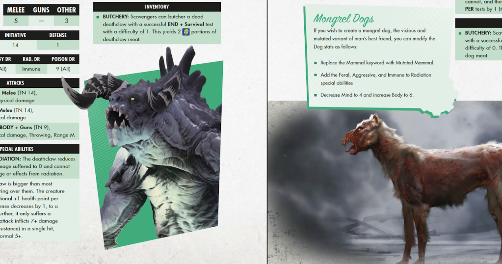 Part of the creatures section of the rules, with illustrations of a Deathclaw on the left and a mutant dog on the right.